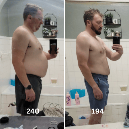 Andrew Dasso’s original before and after photos, labeled 240 pounds and 194 pounds
